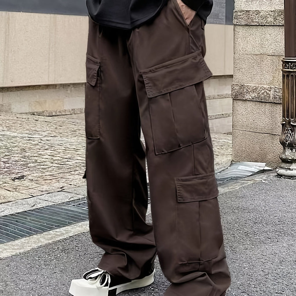 Solid Multi Flap Pockets Men's Straight Leg Cargo Pants, Loose Casual Outdoor Pants, Men's Work Pants Baggy Pants Trendy Streetwear K-pop