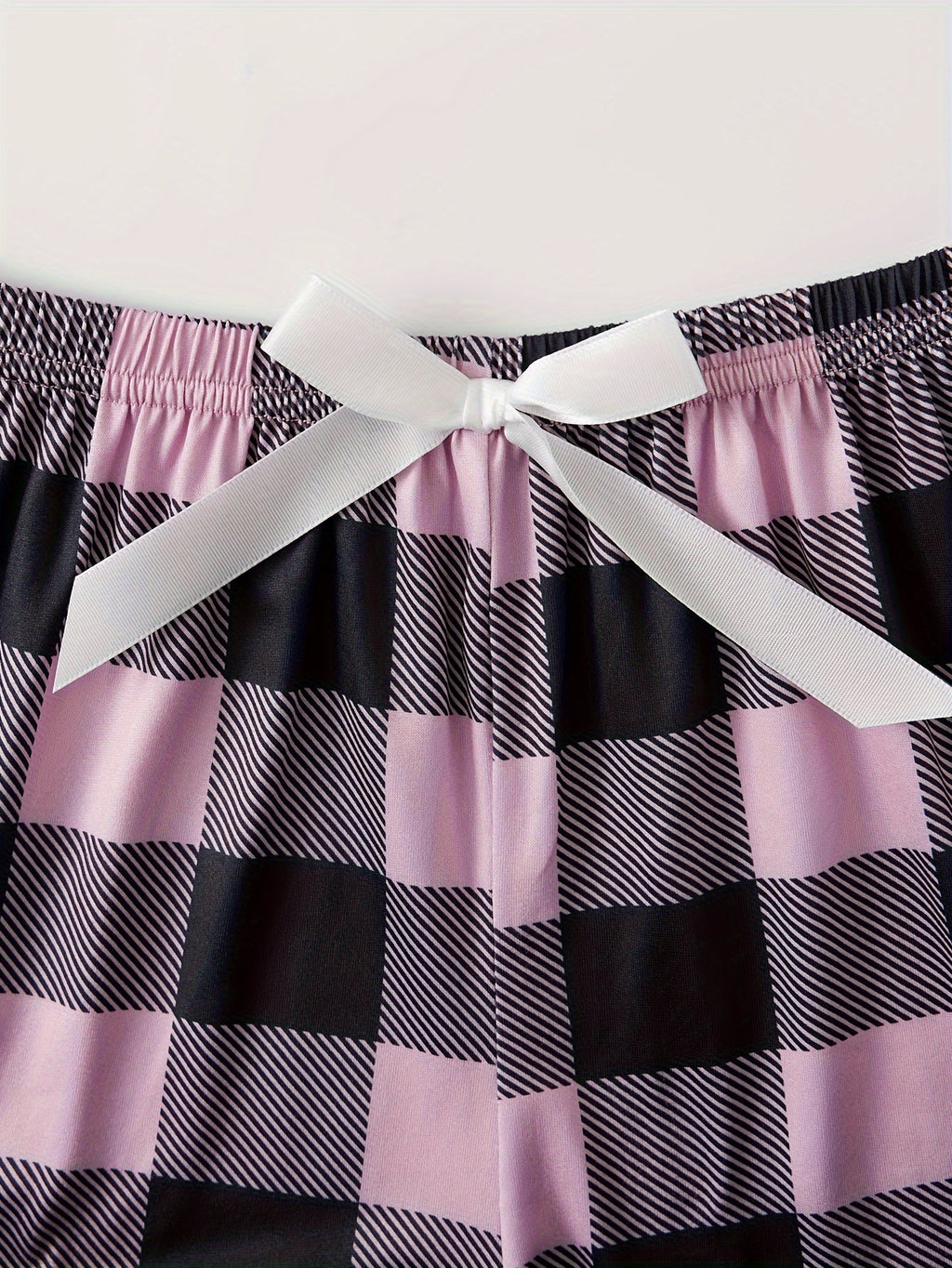 Plaid Print Pajama Set, Short Sleeve Crew Neck Top & Elastic Waistband Shorts & Bow Pants, Women's Sleepwear & Loungewear