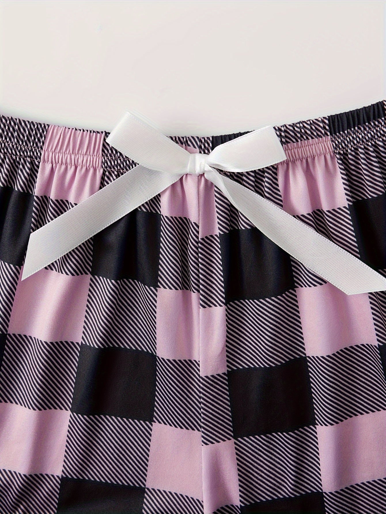 Plaid Print Pajama Set, Short Sleeve Crew Neck Top & Elastic Waistband Shorts & Bow Pants, Women's Sleepwear & Loungewear