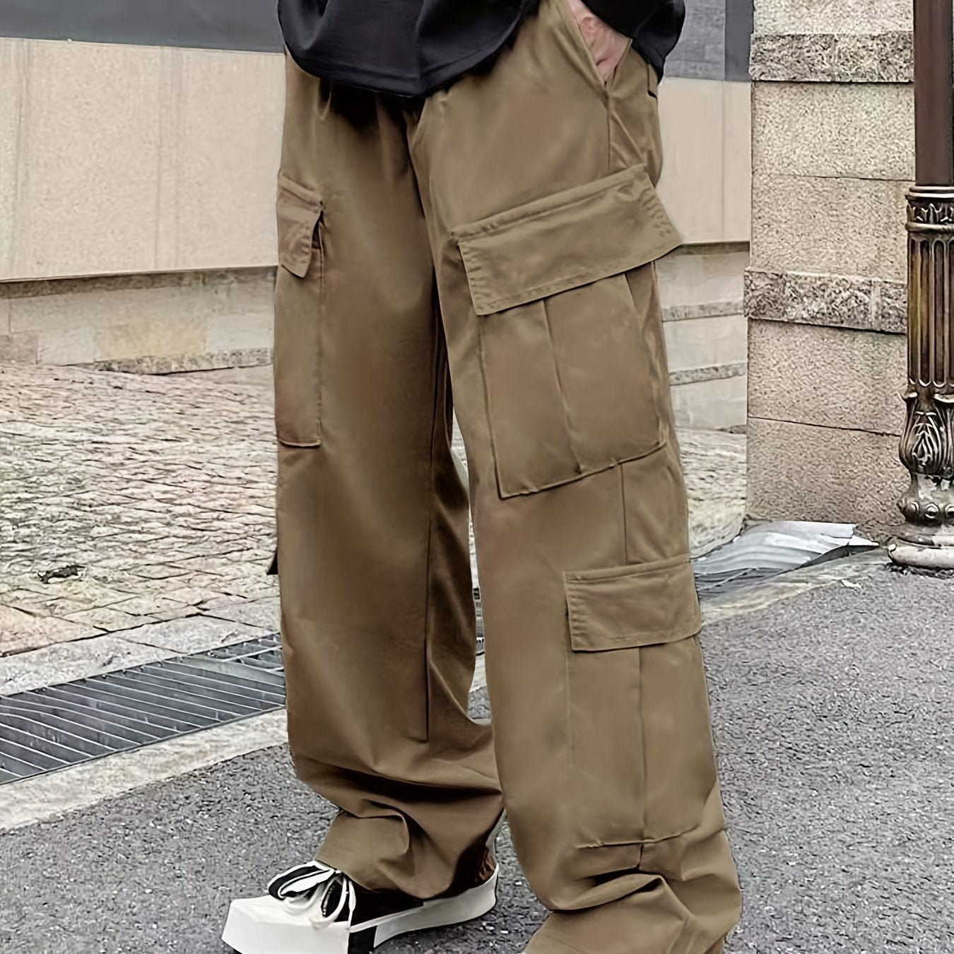 Solid Multi Flap Pockets Men's Straight Leg Cargo Pants, Loose Casual Outdoor Pants, Men's Work Pants Baggy Pants Trendy Streetwear K-pop