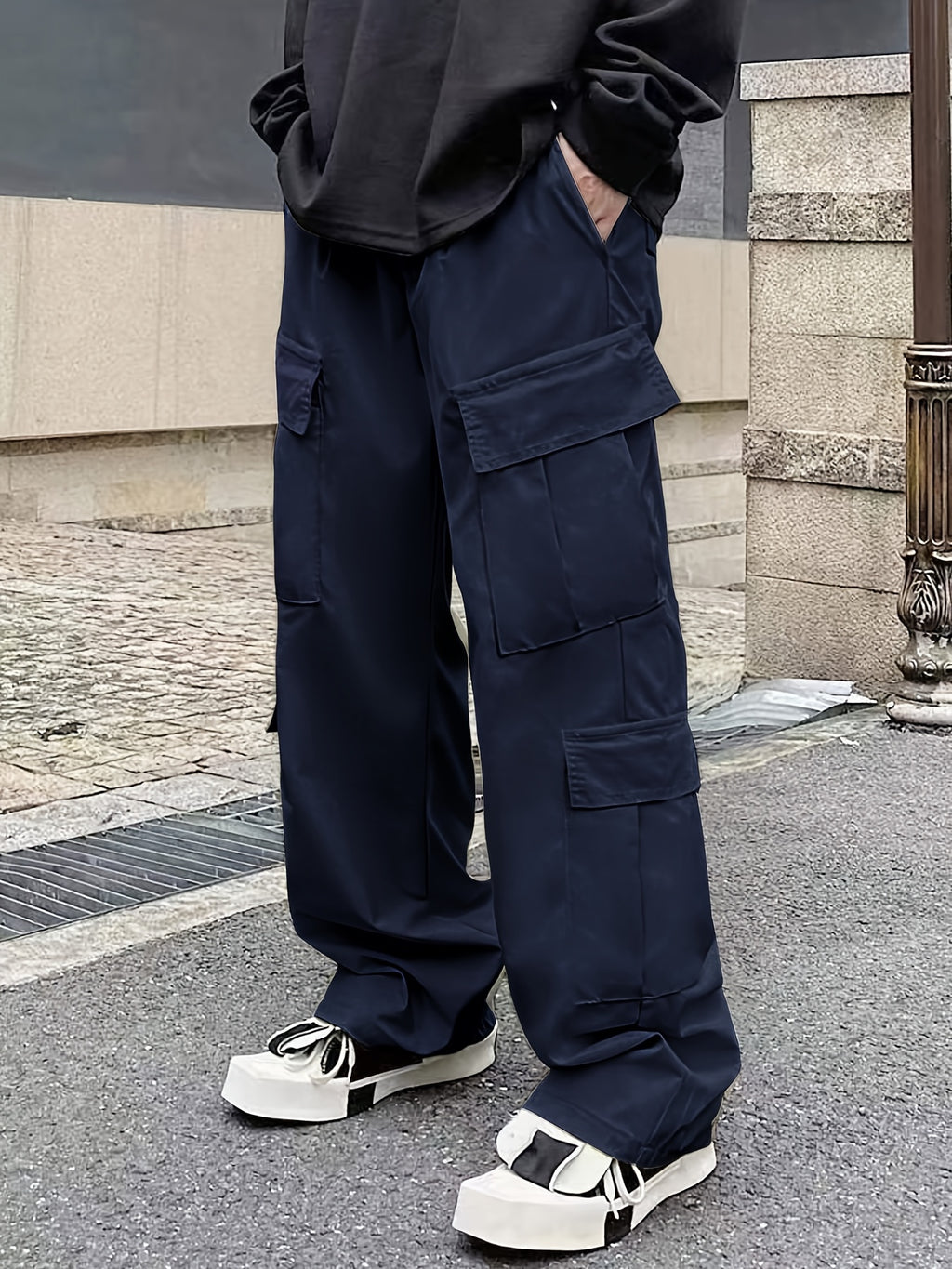 Solid Multi Flap Pockets Men's Straight Leg Cargo Pants, Loose Casual Outdoor Pants, Men's Work Pants Baggy Pants Trendy Streetwear K-pop