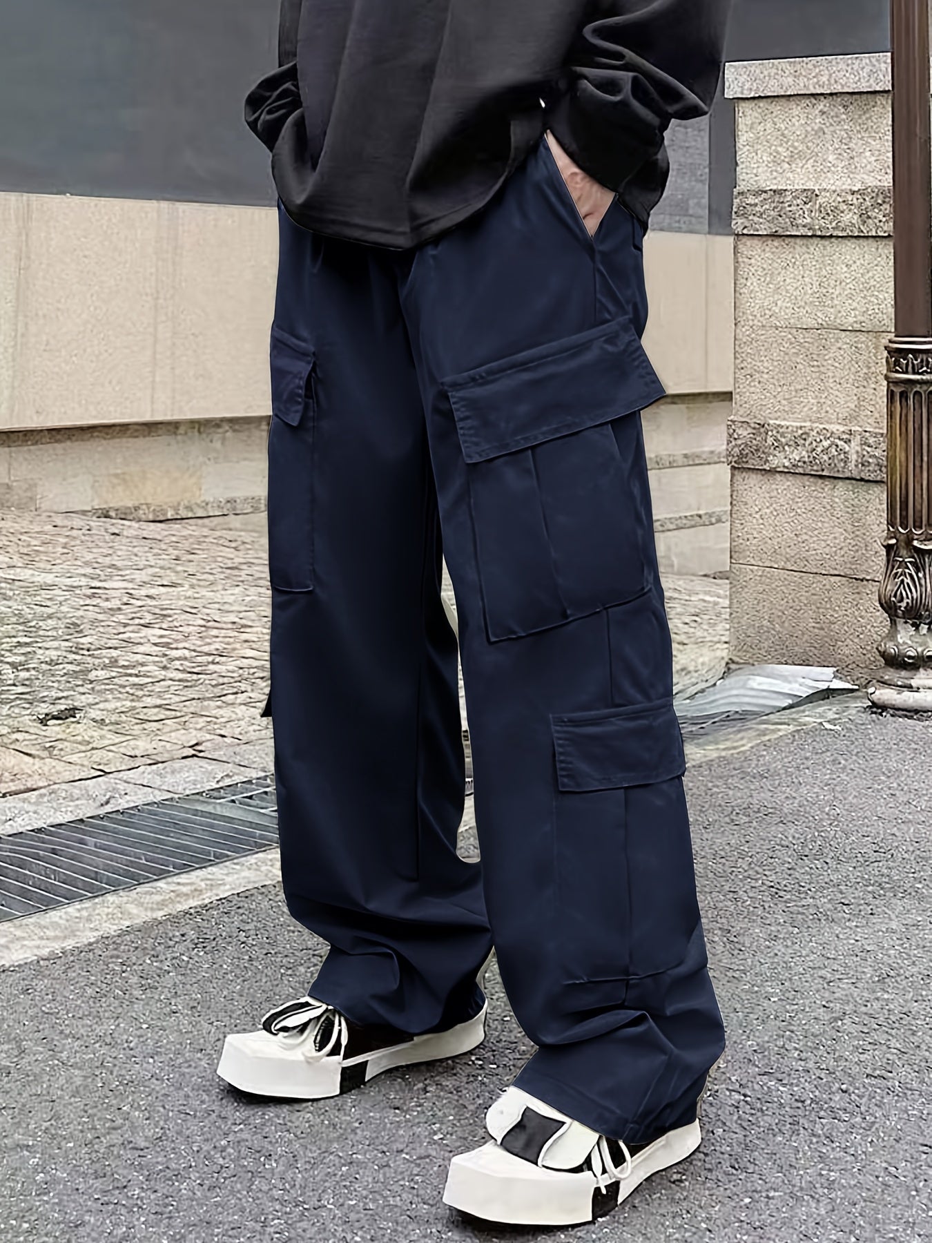 Solid Multi Flap Pockets Men's Straight Leg Cargo Pants, Loose Casual Outdoor Pants, Men's Work Pants Baggy Pants Trendy Streetwear K-pop