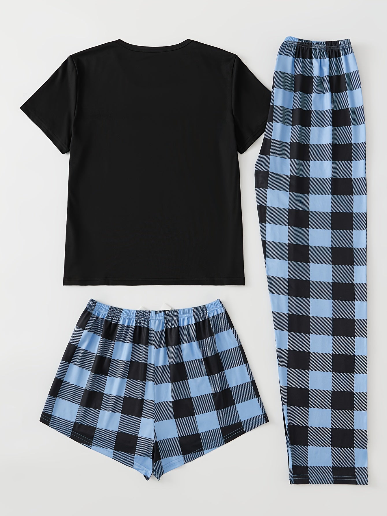 Plaid Print Pajama Set, Short Sleeve Crew Neck Top & Elastic Waistband Shorts & Bow Pants, Women's Sleepwear & Loungewear
