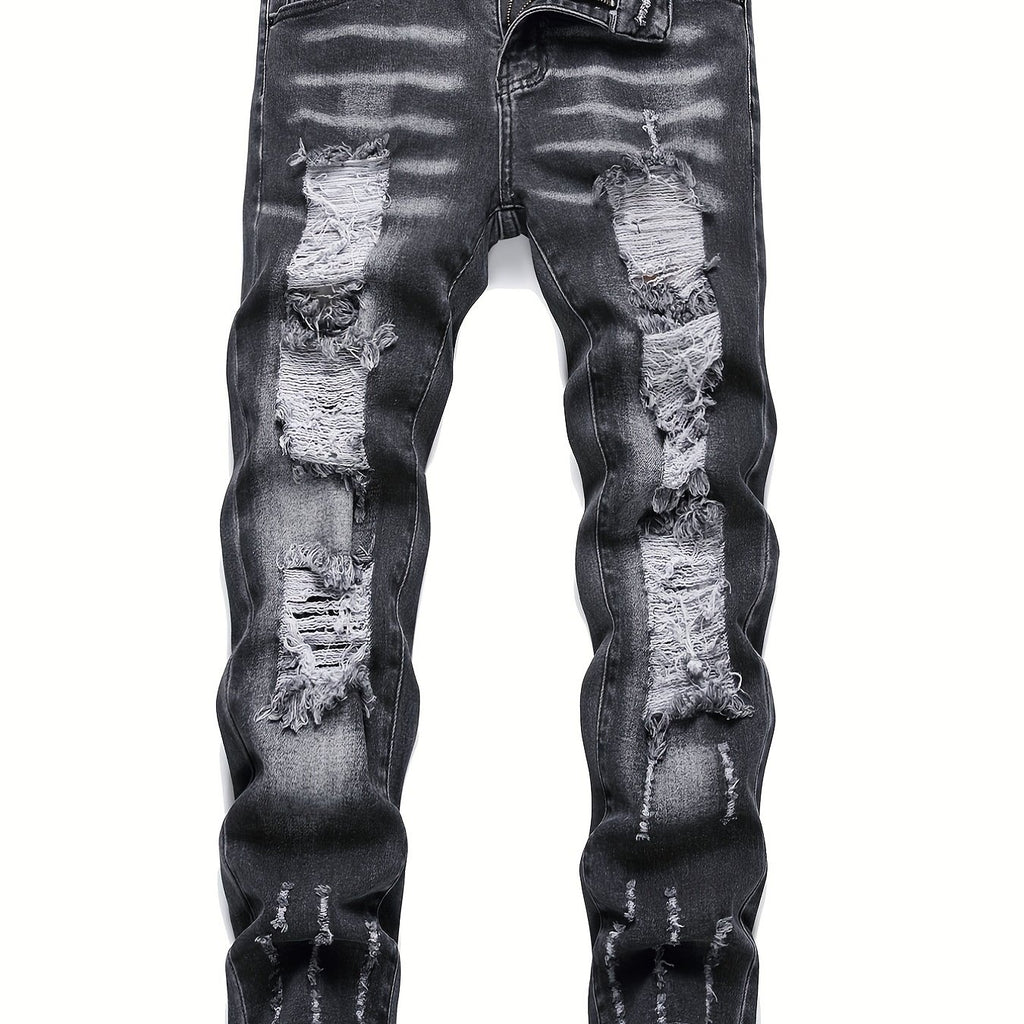 Men's Chic Slim Fit Ripped Jeans - Distressed Mid Stretch Denim Pants for Spring Summer Casual Street Style