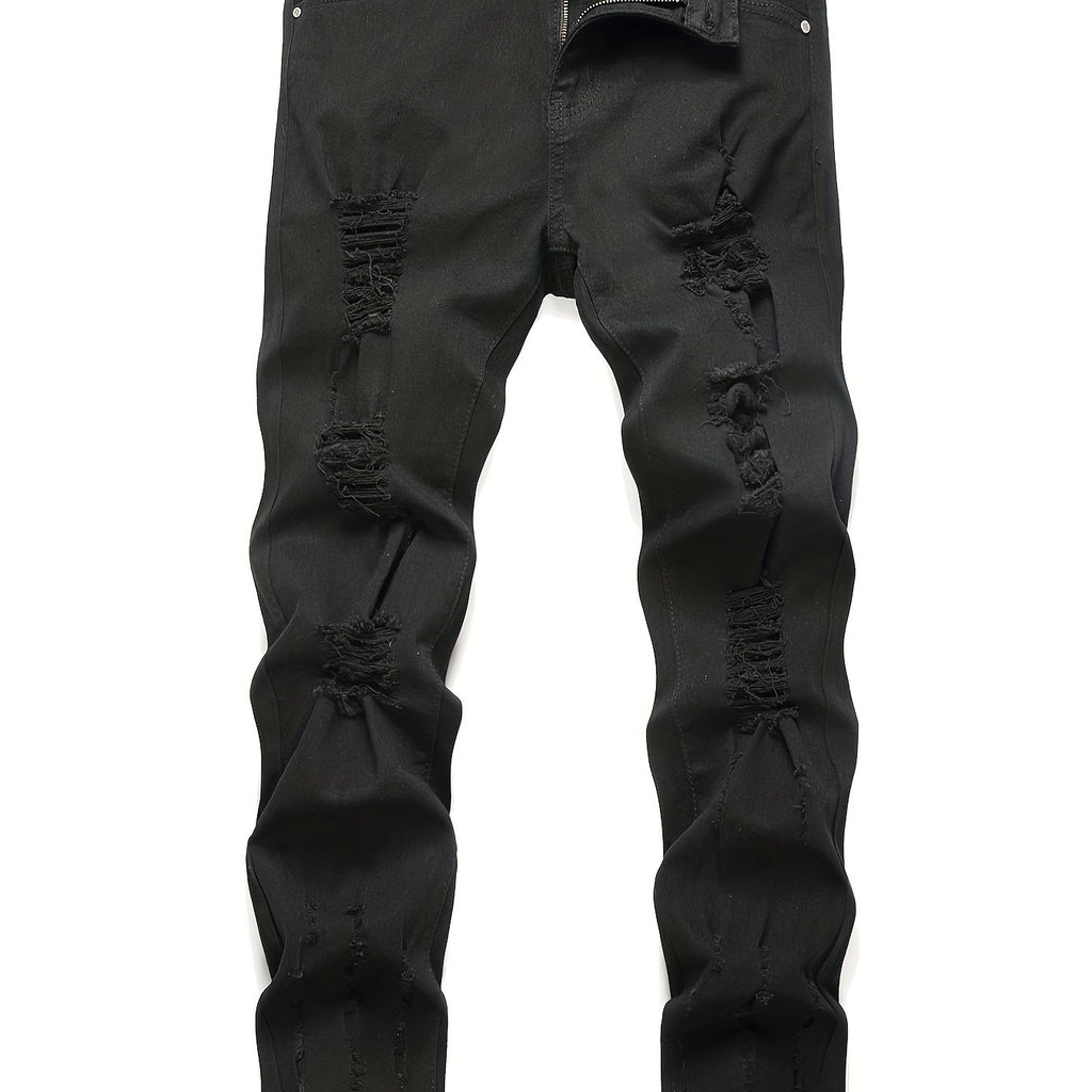 Men's Chic Slim Fit Ripped Jeans - Distressed Mid Stretch Denim Pants for Spring Summer Casual Street Style