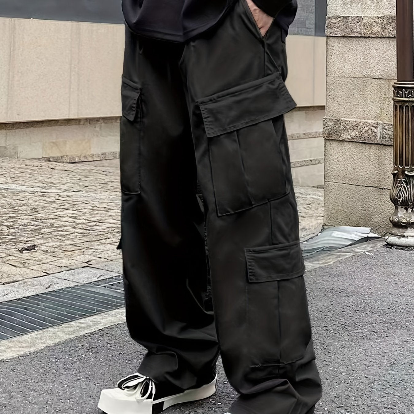 Solid Multi Flap Pockets Men's Straight Leg Cargo Pants, Loose Casual Outdoor Pants, Men's Work Pants Baggy Pants Trendy Streetwear K-pop