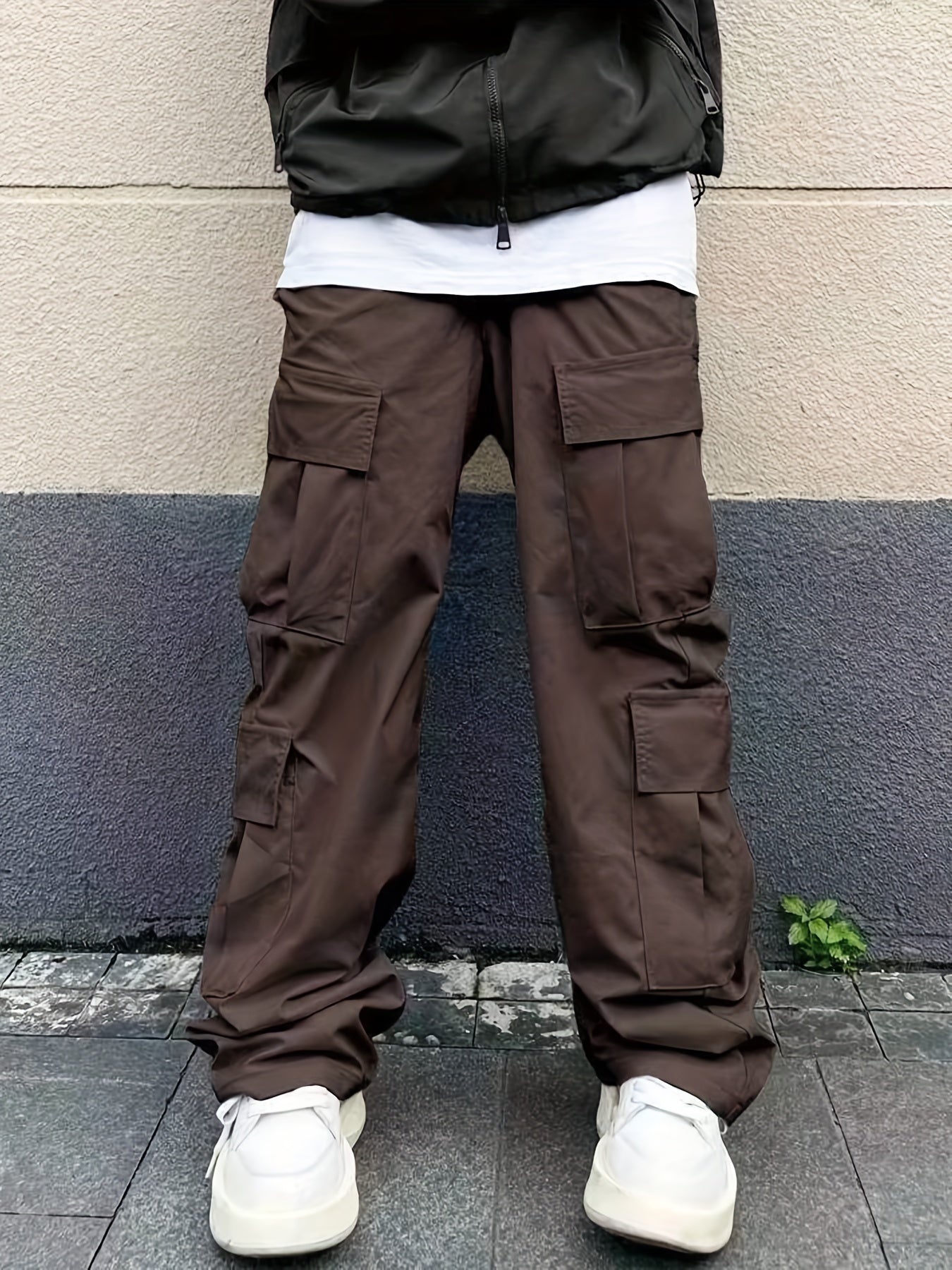 Solid Multi Flap Pockets Men's Straight Leg Cargo Pants, Loose Casual Outdoor Pants, Men's Work Pants Baggy Pants Trendy Streetwear K-pop