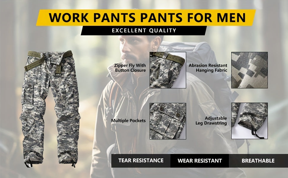 Men’s Tactical Camo Cargo Pants: Comfort Cotton, Multi-Flap Pockets, Ideal for Hiking & Casual Outdoors