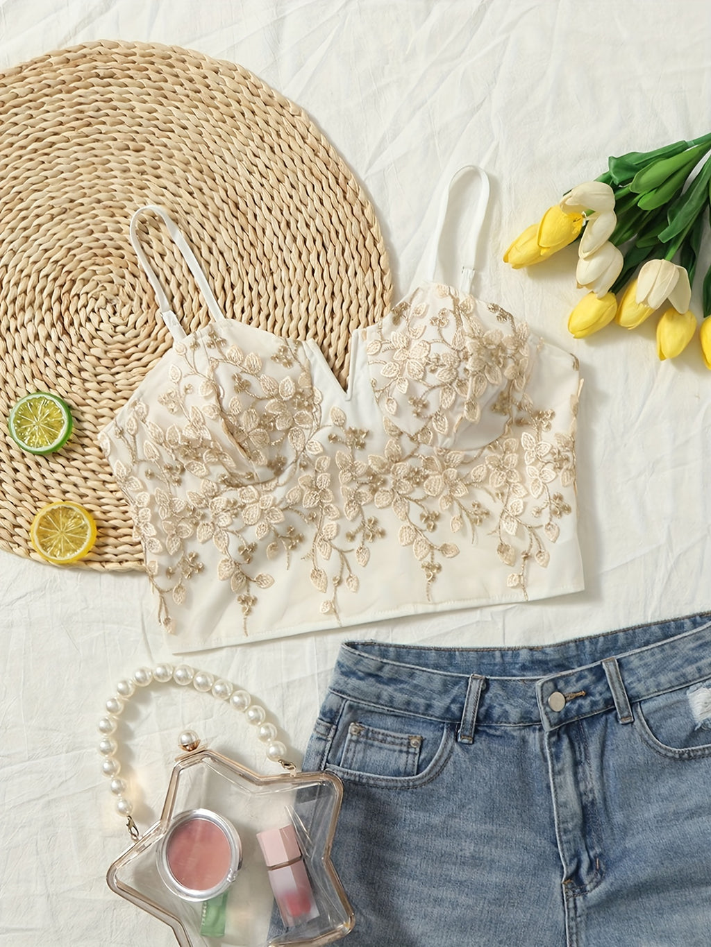 Vibrant Coquette Floral Embroidery V-Neck Slingback Tank Top - Elegant Summer Essential with Chain Details, Non-Stretch Polyester Fabric, Hand Wash Only, Solid Color Random Printing - Perfect for Young Women