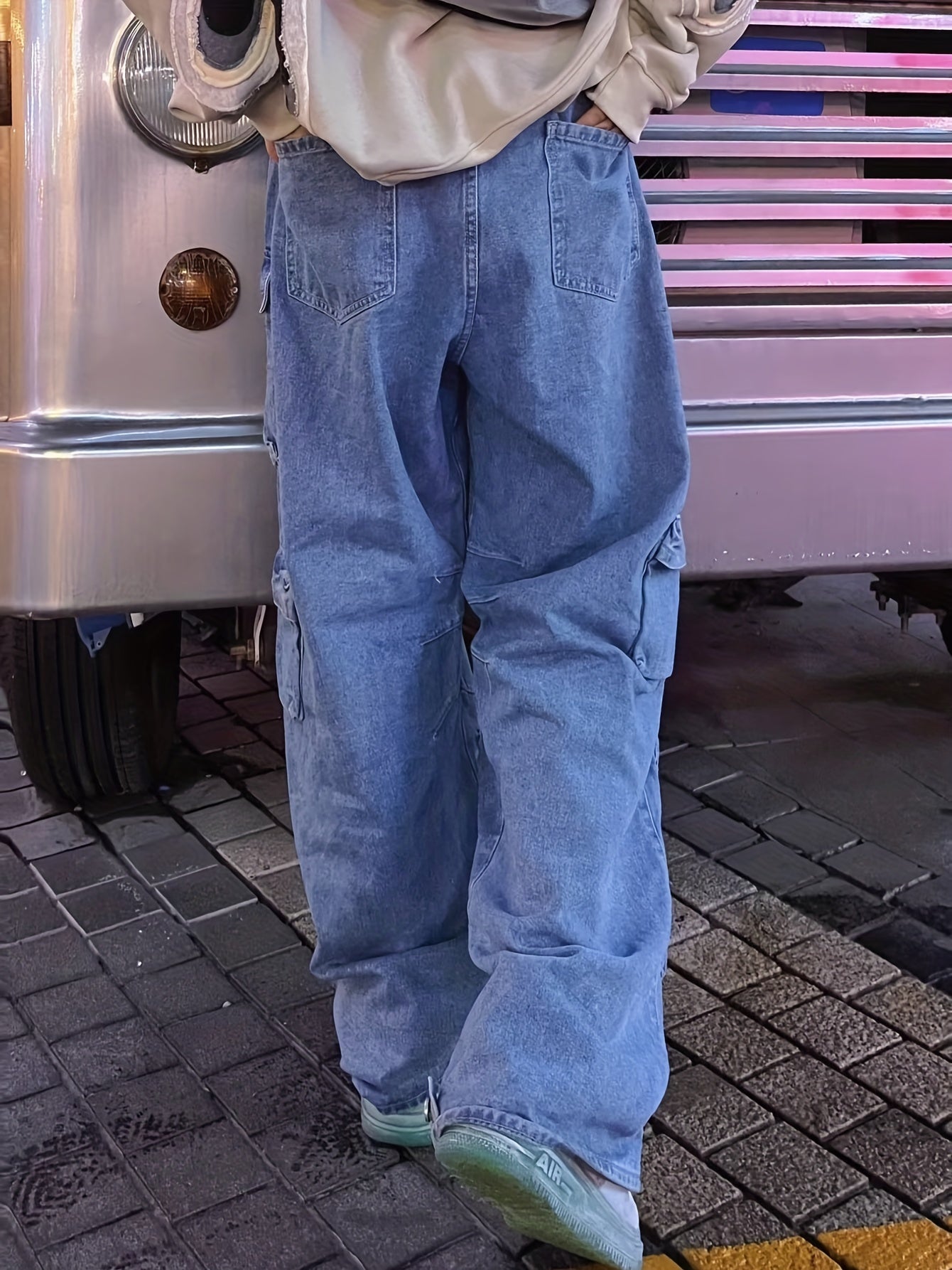 Men's Trendy Multi Flap Pocket Trousers, Wide Leg Loose Casual Outdoor Baggy Pants, Men's Jean Work Pants Outdoors K-pop