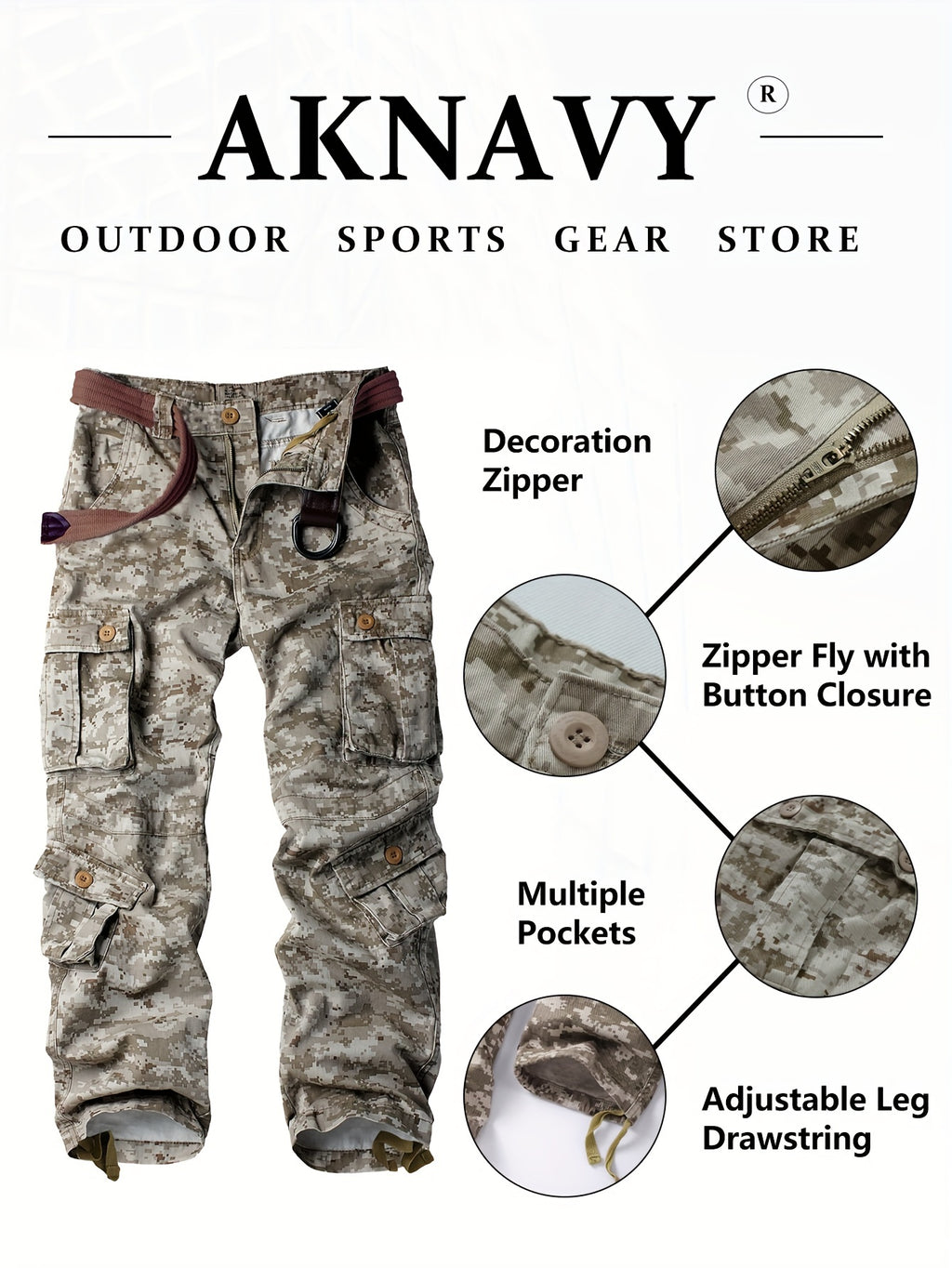 Full Length Spring Cotton Men's Cargo Pants Safari Style Camo Casual Work Pants for Outdoors Hiking Fishing Angling Streetwear