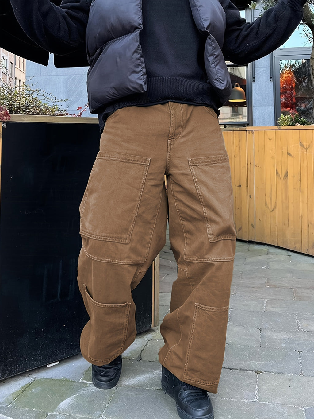 Retro Denim Men's Straight Leg Cargo Pants, Loose Baggy Pants Casual Outdoor Jeans Pants, Work Pants Hipster Streetwear Hiphop Rapper Style For Men