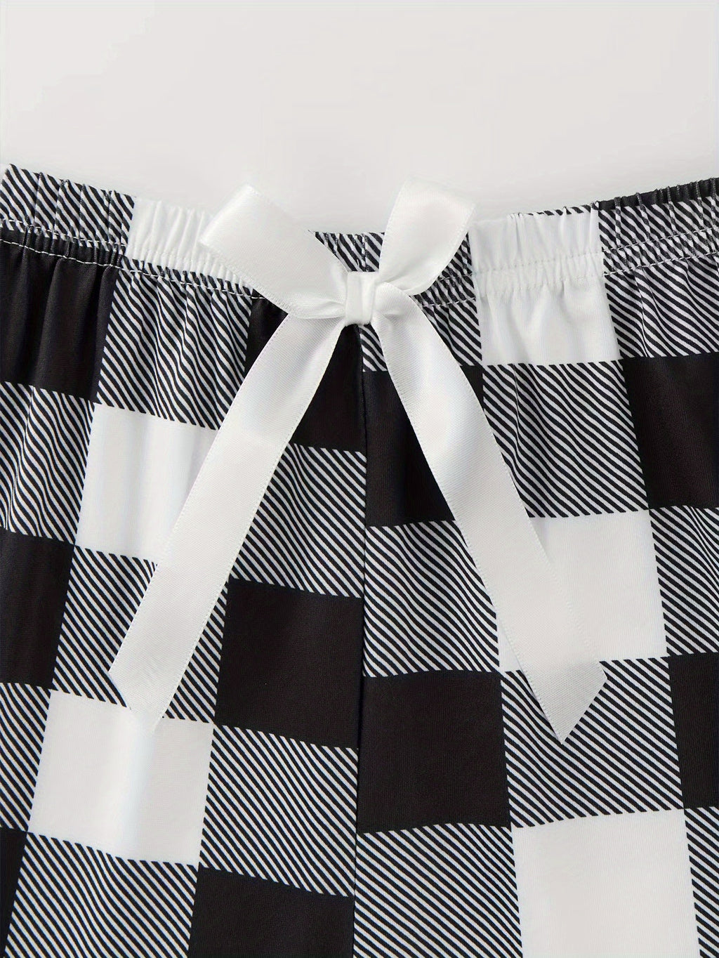 Plaid Print Pajama Set, Short Sleeve Crew Neck Top & Elastic Waistband Shorts & Bow Pants, Women's Sleepwear & Loungewear