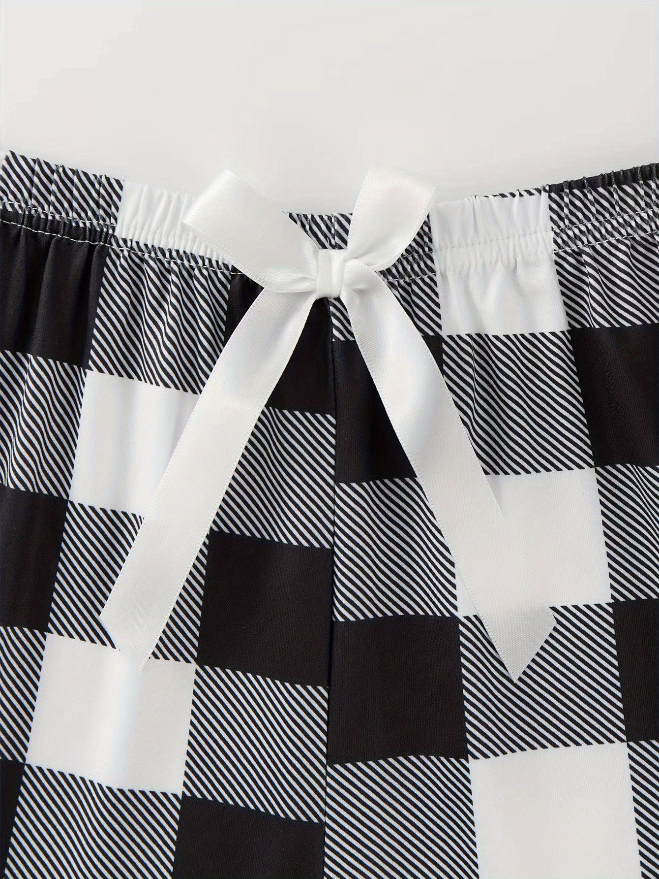 Plaid Print Pajama Set, Short Sleeve Crew Neck Top & Elastic Waistband Shorts & Bow Pants, Women's Sleepwear & Loungewear
