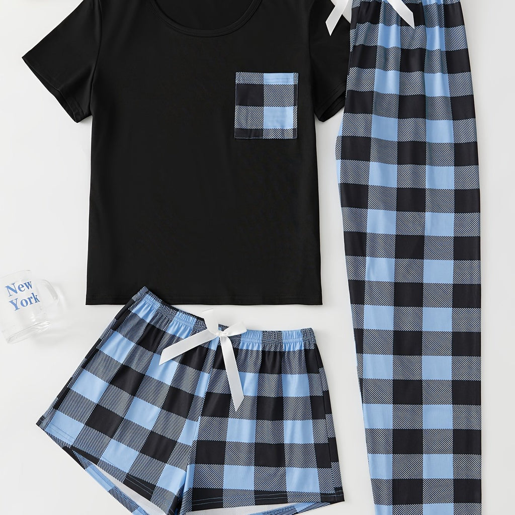 Plaid Print Pajama Set, Short Sleeve Crew Neck Top & Elastic Waistband Shorts & Bow Pants, Women's Sleepwear & Loungewear