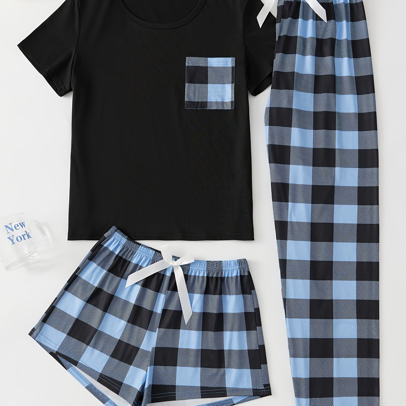Plaid Print Pajama Set, Short Sleeve Crew Neck Top & Elastic Waistband Shorts & Bow Pants, Women's Sleepwear & Loungewear