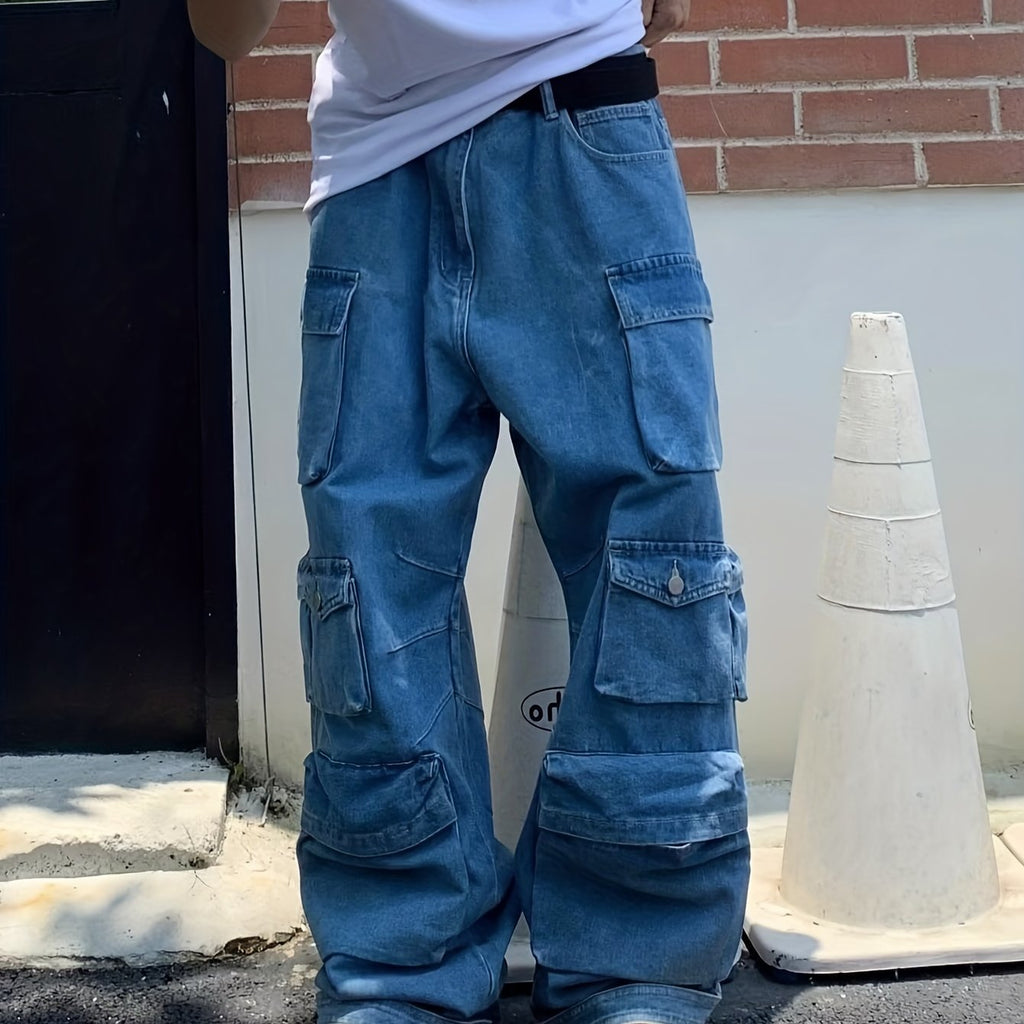 Men's Trendy Multi Flap Pocket Trousers, Wide Leg Loose Casual Outdoor Baggy Pants, Men's Jean Work Pants Outdoors K-pop