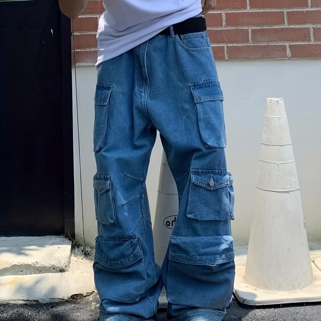 Men's Trendy Multi Flap Pocket Trousers, Wide Leg Loose Casual Outdoor Baggy Pants, Men's Jean Work Pants Outdoors K-pop