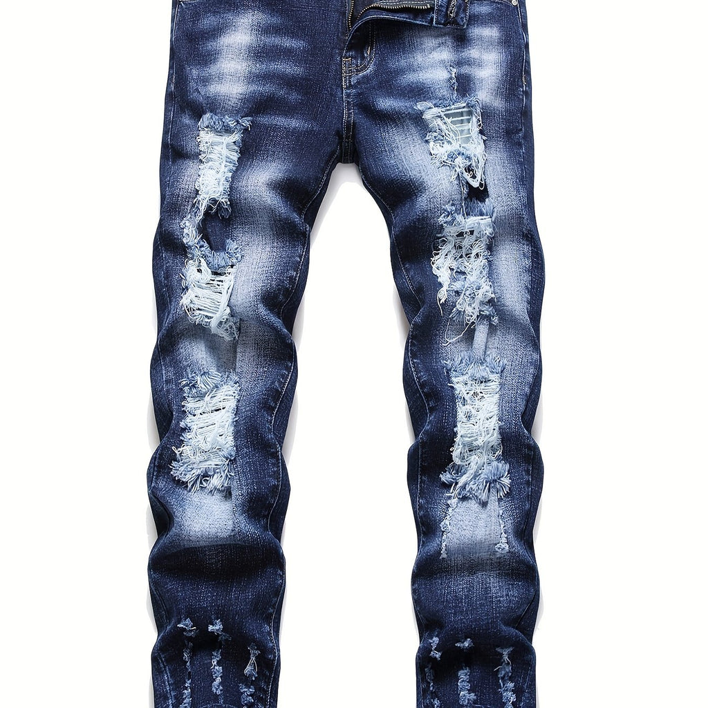 Men's Chic Slim Fit Ripped Jeans - Distressed Mid Stretch Denim Pants for Spring Summer Casual Street Style