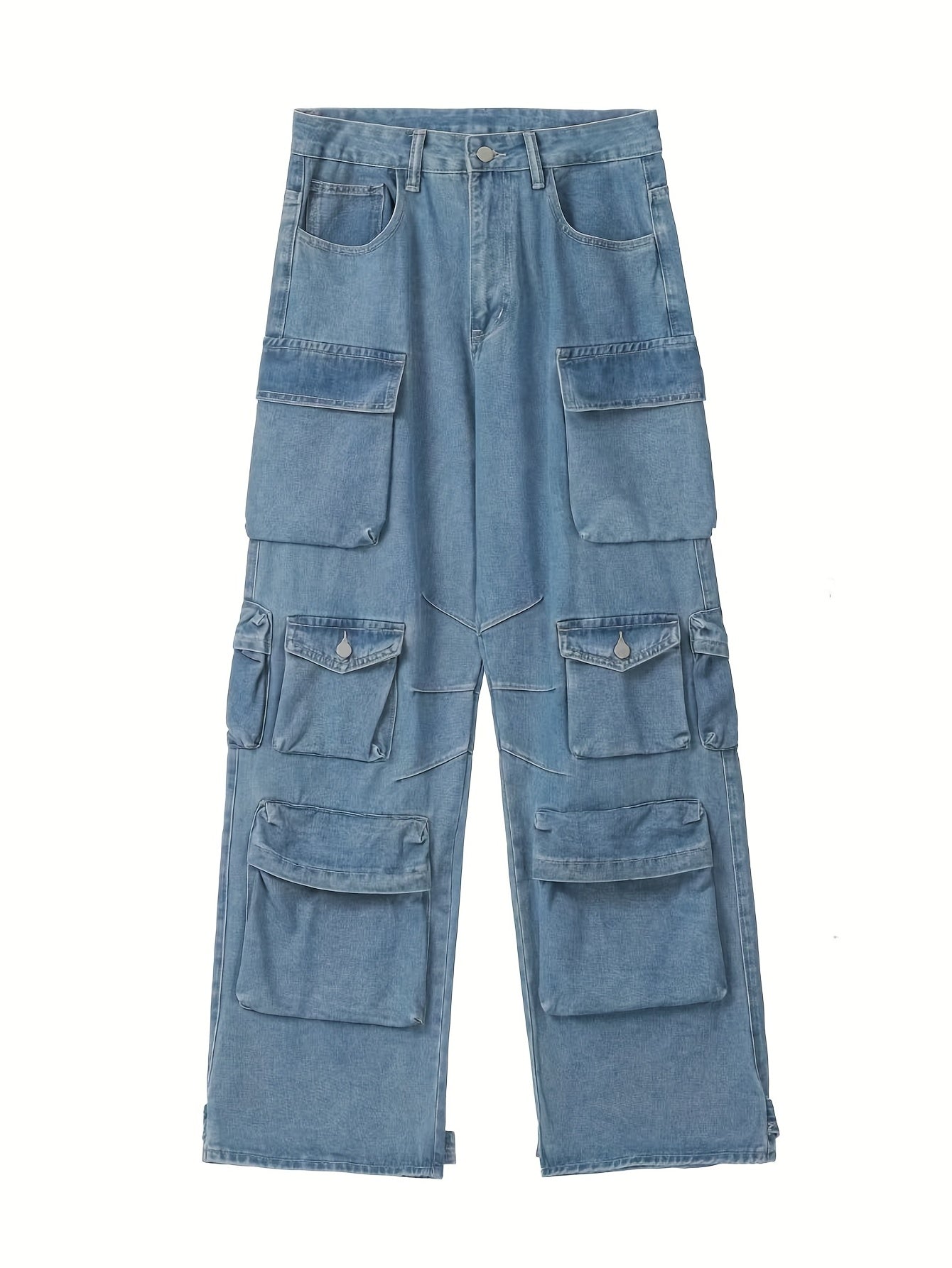Men's Trendy Multi Flap Pocket Trousers, Wide Leg Loose Casual Outdoor Baggy Pants, Men's Jean Work Pants Outdoors K-pop