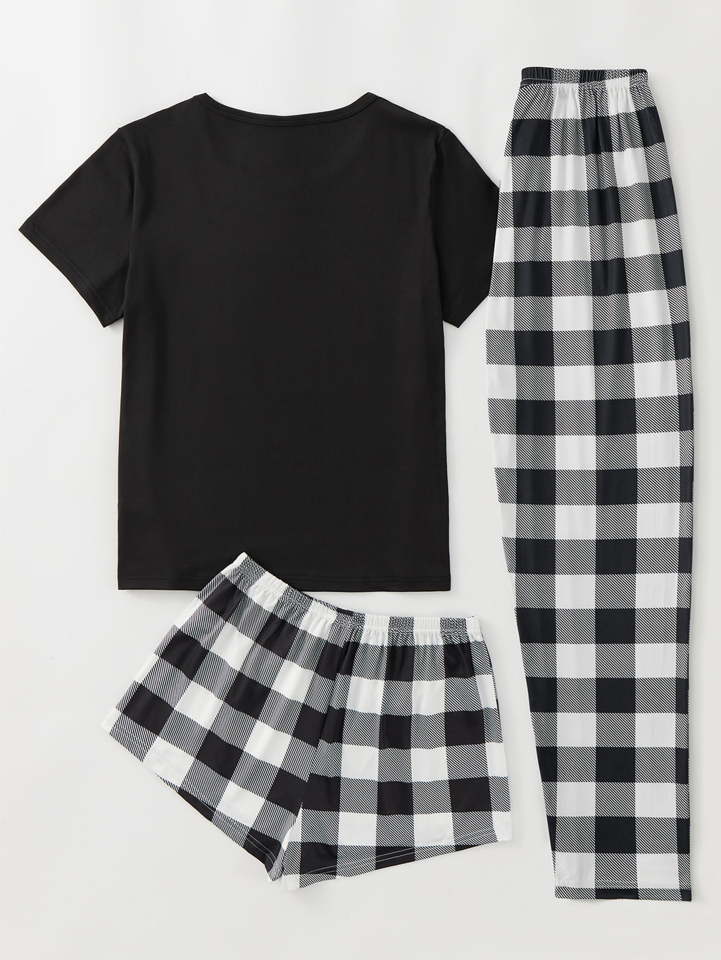 Plaid Print Pajama Set, Short Sleeve Crew Neck Top & Elastic Waistband Shorts & Bow Pants, Women's Sleepwear & Loungewear