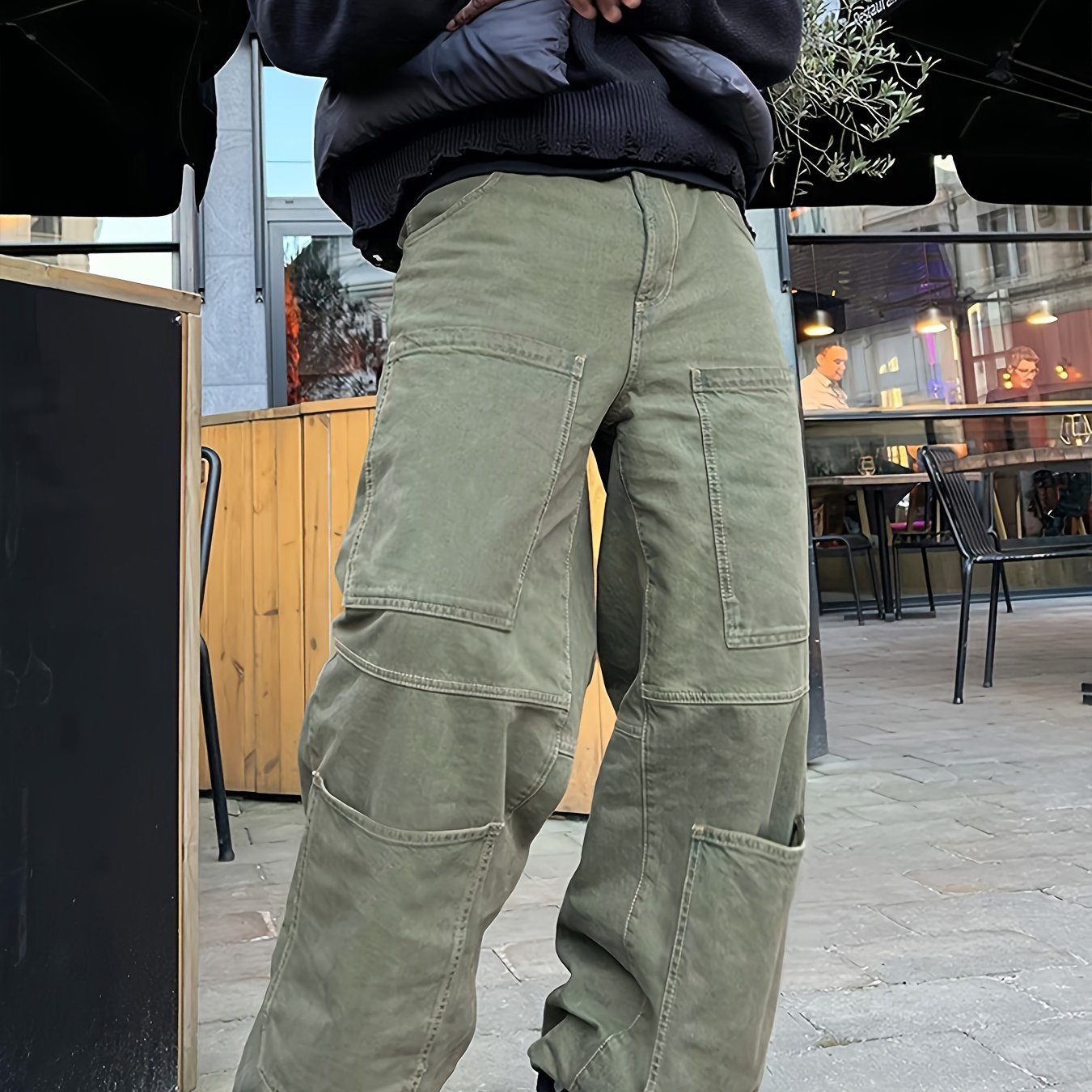Retro Denim Men's Straight Leg Cargo Pants, Loose Baggy Pants Casual Outdoor Jeans Pants, Work Pants Hipster Streetwear Hiphop Rapper Style For Men