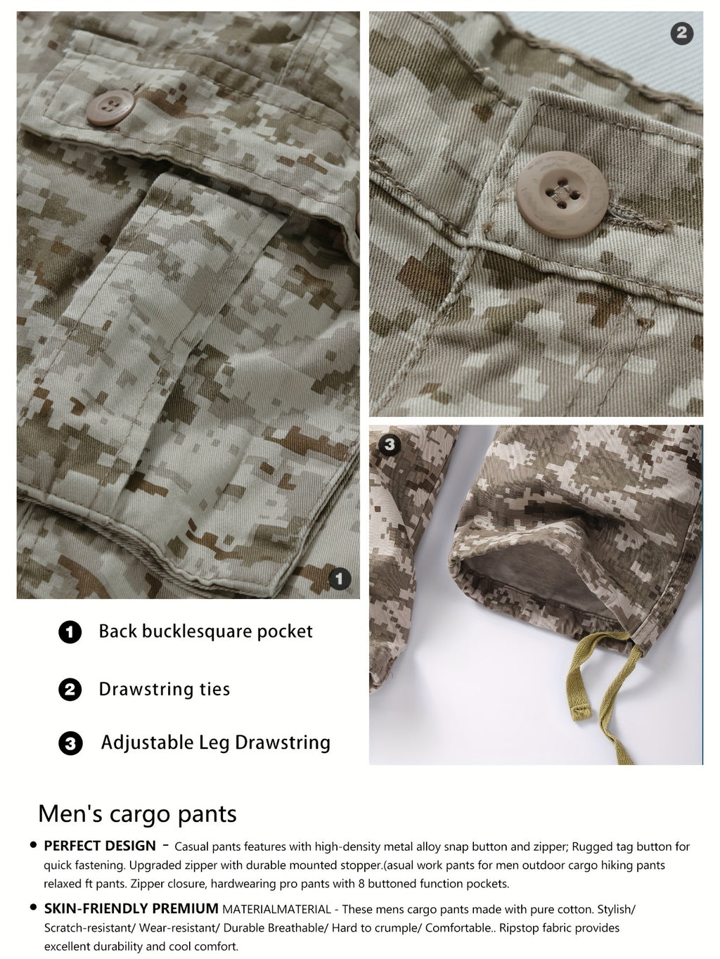 Full Length Spring Cotton Men's Cargo Pants Safari Style Camo Casual Work Pants for Outdoors Hiking Fishing Angling Streetwear