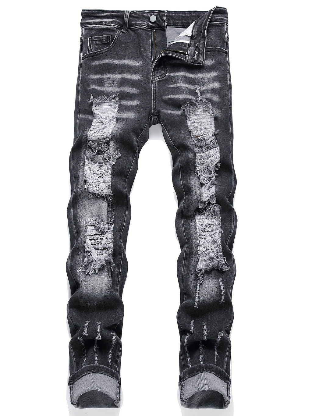 Men's Chic Slim Fit Ripped Jeans - Distressed Mid Stretch Denim Pants for Spring Summer Casual Street Style