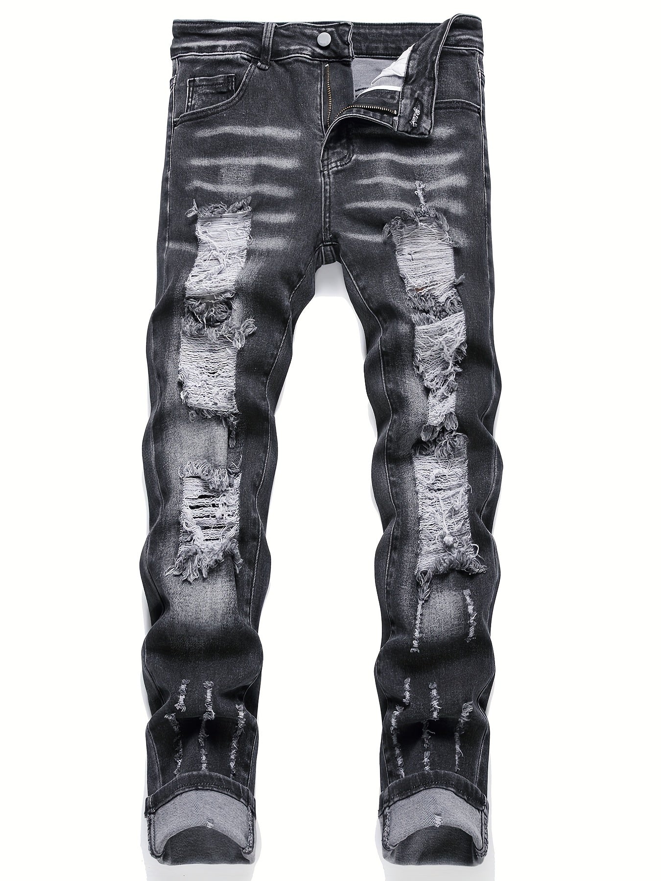 Men's Chic Slim Fit Ripped Jeans - Distressed Mid Stretch Denim Pants for Spring Summer Casual Street Style