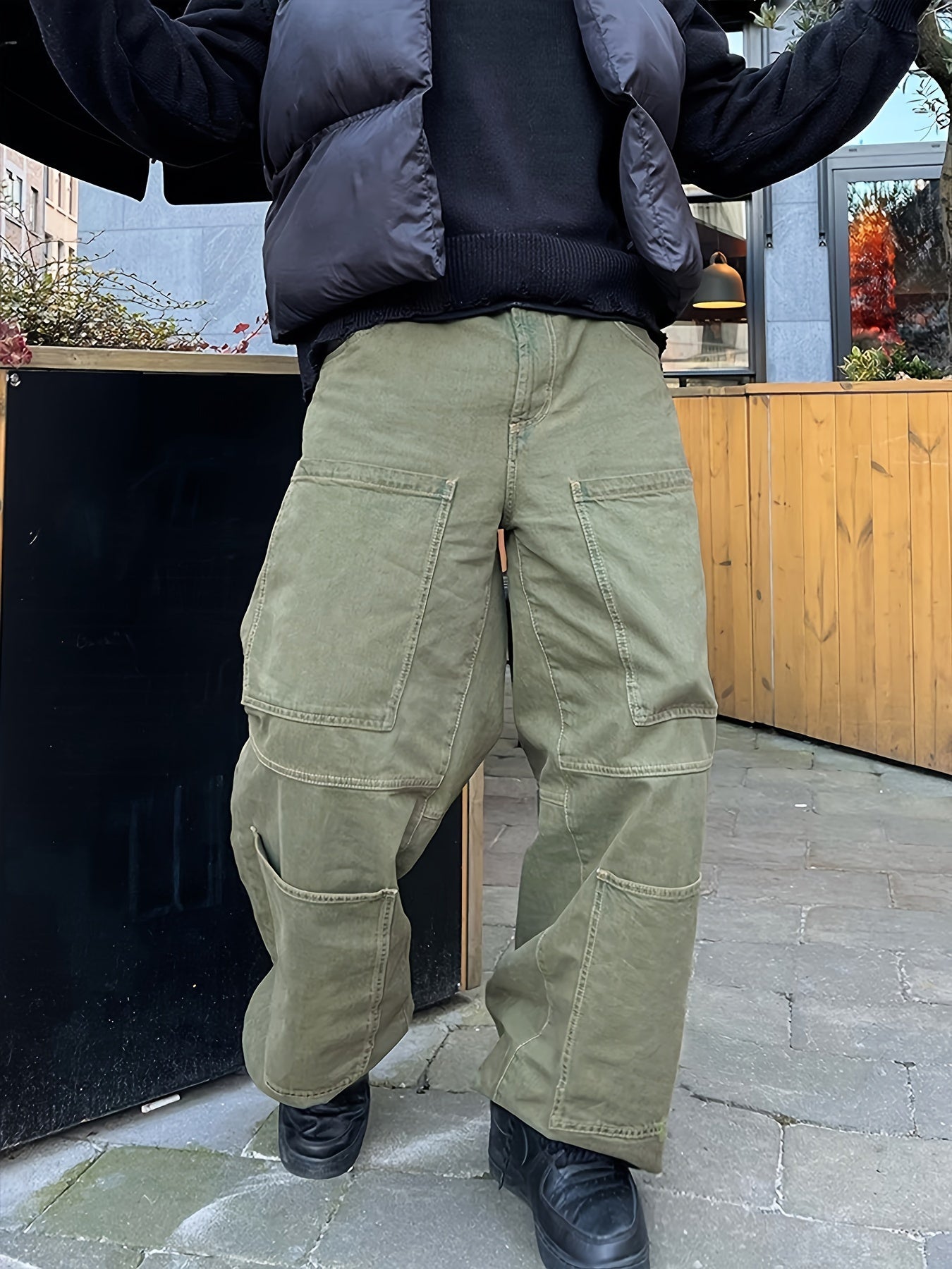 Retro Denim Men's Straight Leg Cargo Pants, Loose Baggy Pants Casual Outdoor Jeans Pants, Work Pants Hipster Streetwear Hiphop Rapper Style For Men