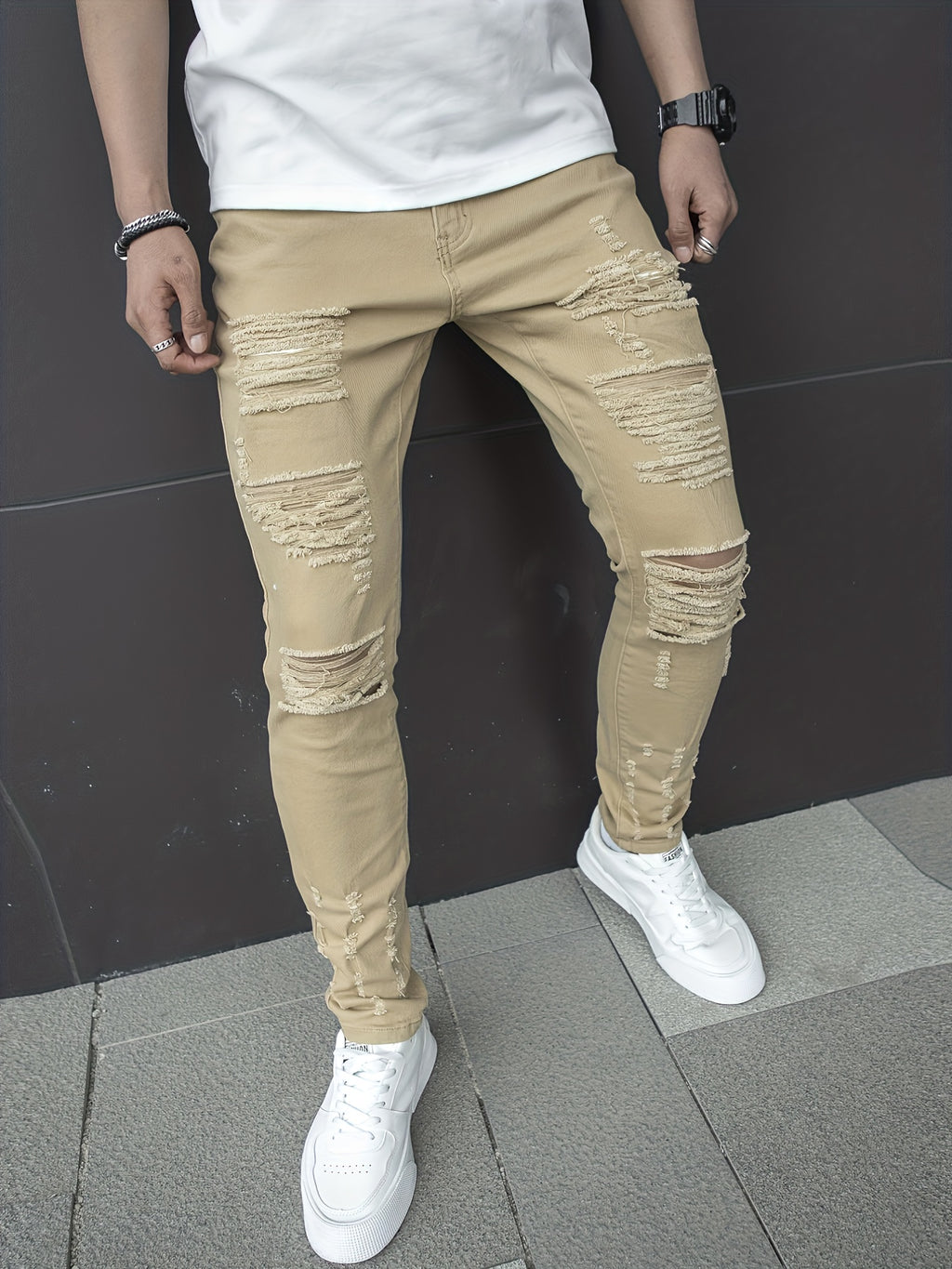 Men's Chic Slim Fit Ripped Jeans - Distressed Mid Stretch Denim Pants for Spring Summer Casual Street Style