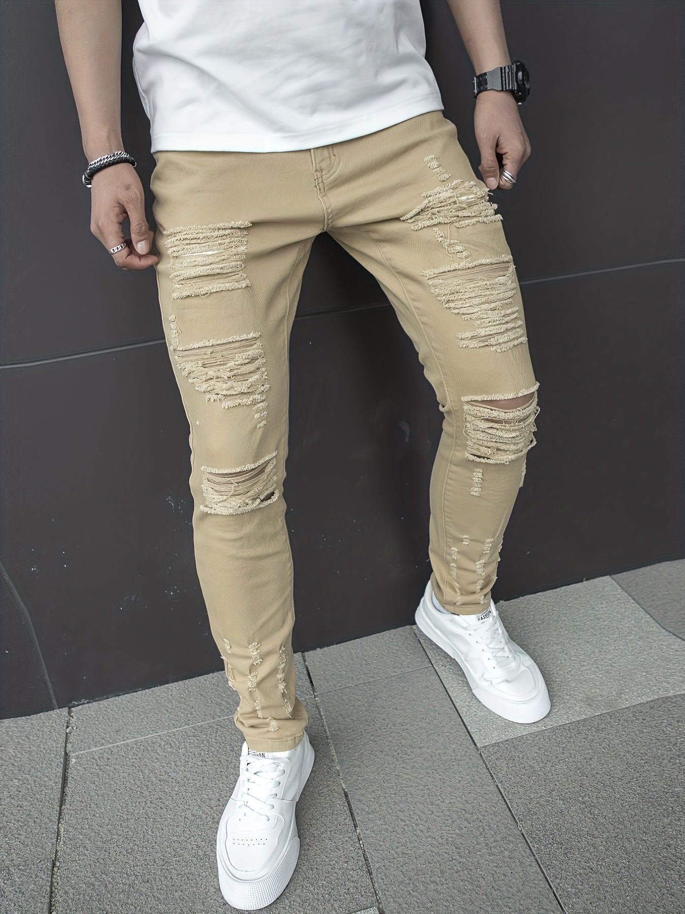 Men's Chic Slim Fit Ripped Jeans - Distressed Mid Stretch Denim Pants for Spring Summer Casual Street Style
