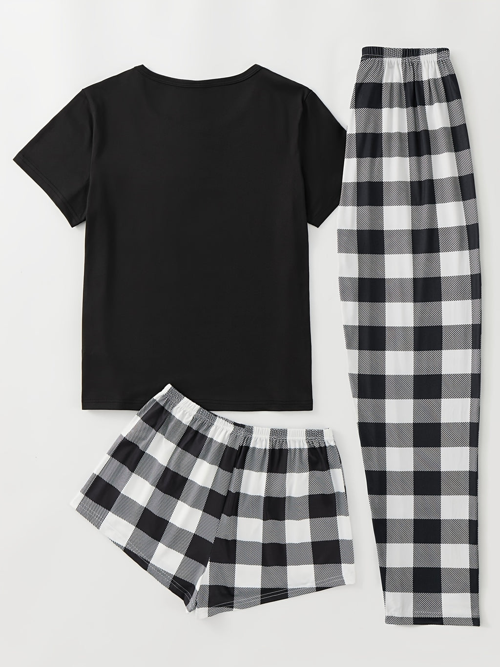 Plaid Print Pajama Set, Short Sleeve Crew Neck Top & Elastic Waistband Shorts & Bow Pants, Women's Sleepwear & Loungewear