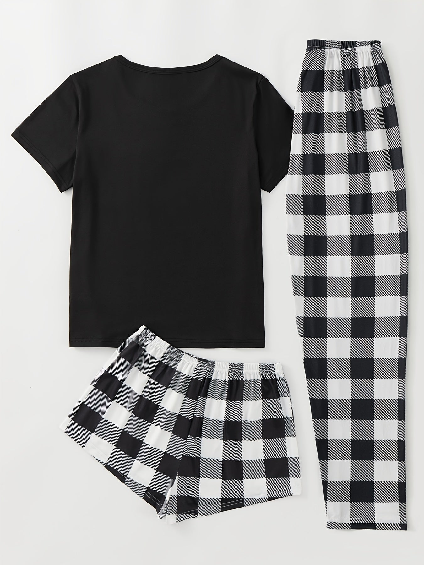 Plaid Print Pajama Set, Short Sleeve Crew Neck Top & Elastic Waistband Shorts & Bow Pants, Women's Sleepwear & Loungewear