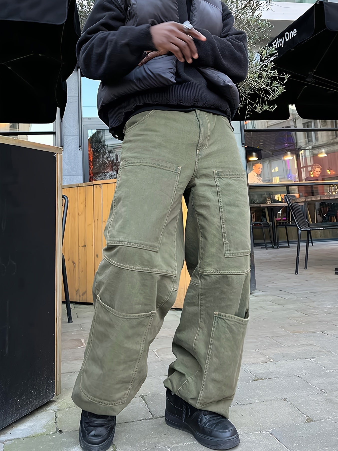 Retro Denim Men's Straight Leg Cargo Pants, Loose Baggy Pants Casual Outdoor Jeans Pants, Work Pants Hipster Streetwear Hiphop Rapper Style For Men
