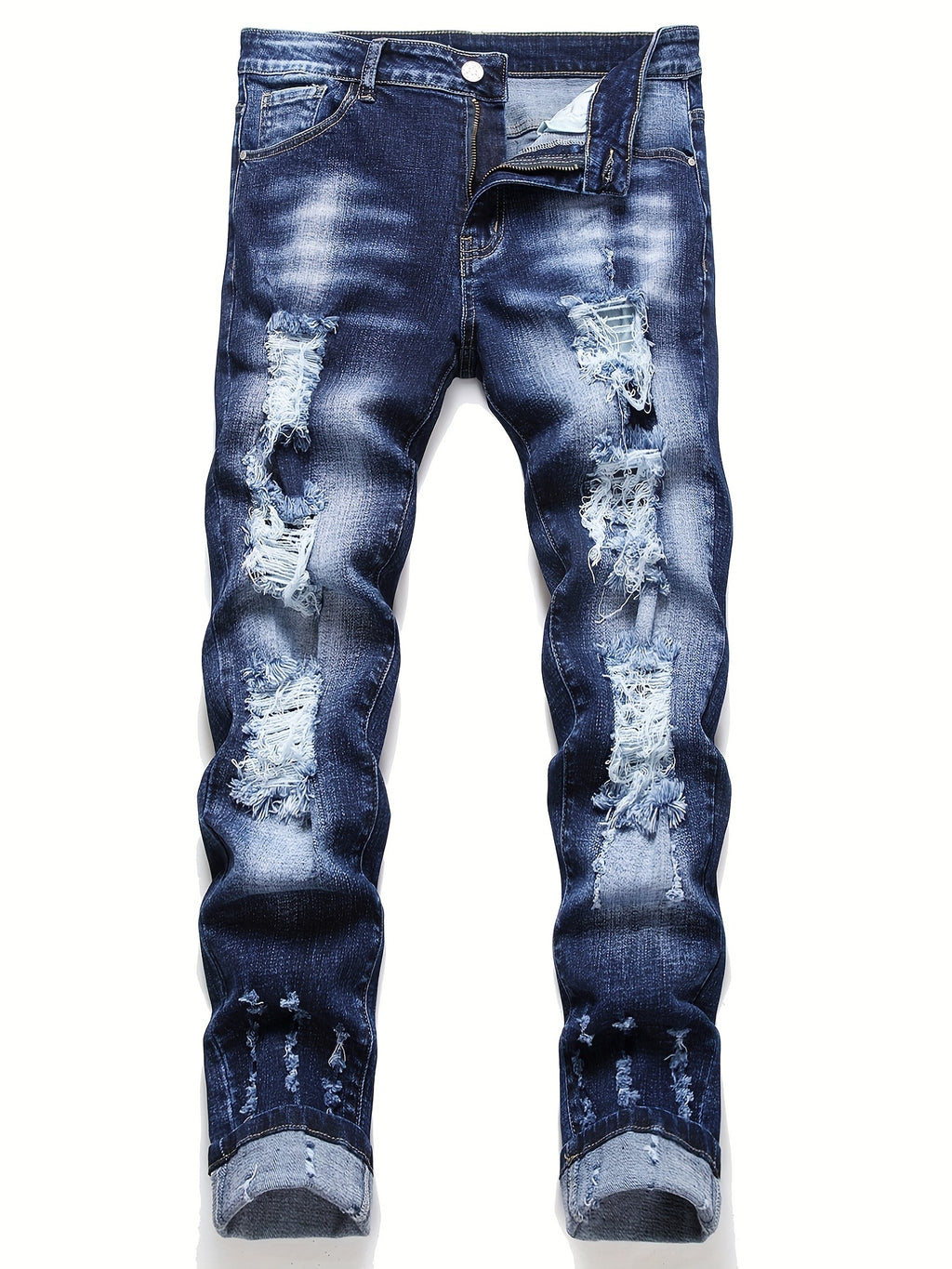 Men's Chic Slim Fit Ripped Jeans - Distressed Mid Stretch Denim Pants for Spring Summer Casual Street Style
