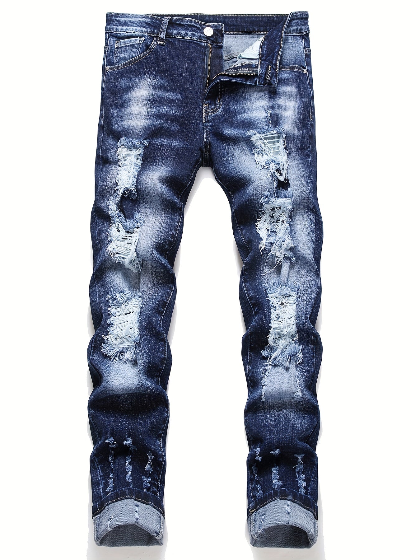 Men's Chic Slim Fit Ripped Jeans - Distressed Mid Stretch Denim Pants for Spring Summer Casual Street Style