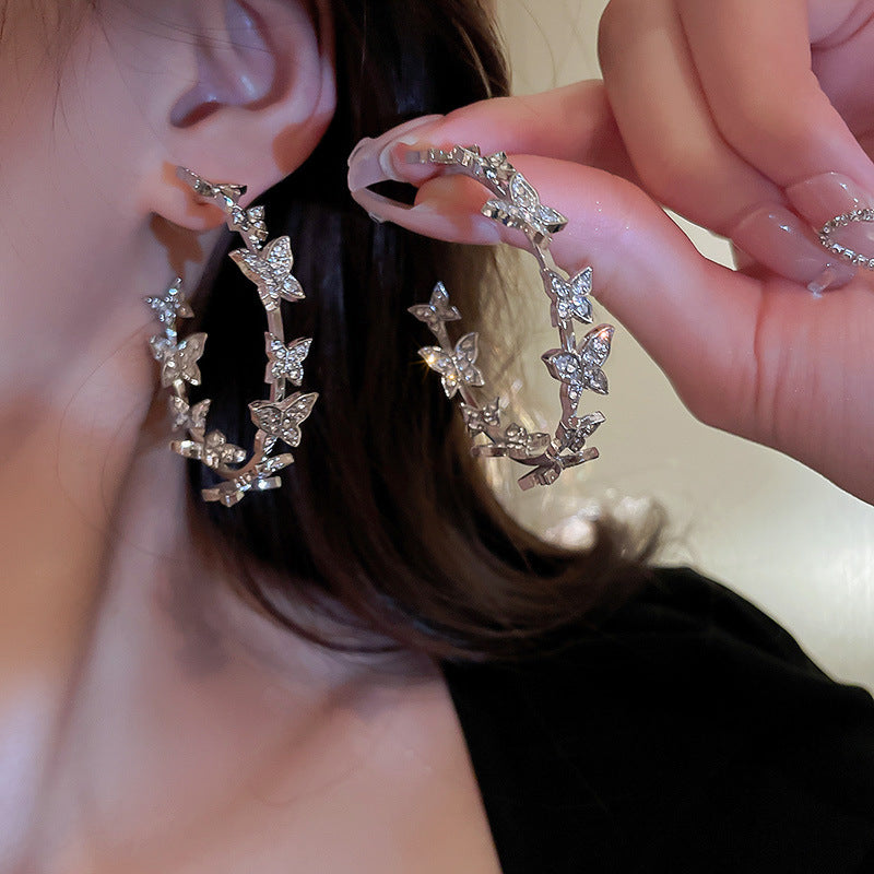 Sterling Silver Exaggerated Butterfly Shaped Hoop Earrings - Statement Jewelry for Women with Unique Personality and Temperament, Elegant Ear Accessories with Delicate Needle Details, Perfect for Everyday Wear or Special Occa