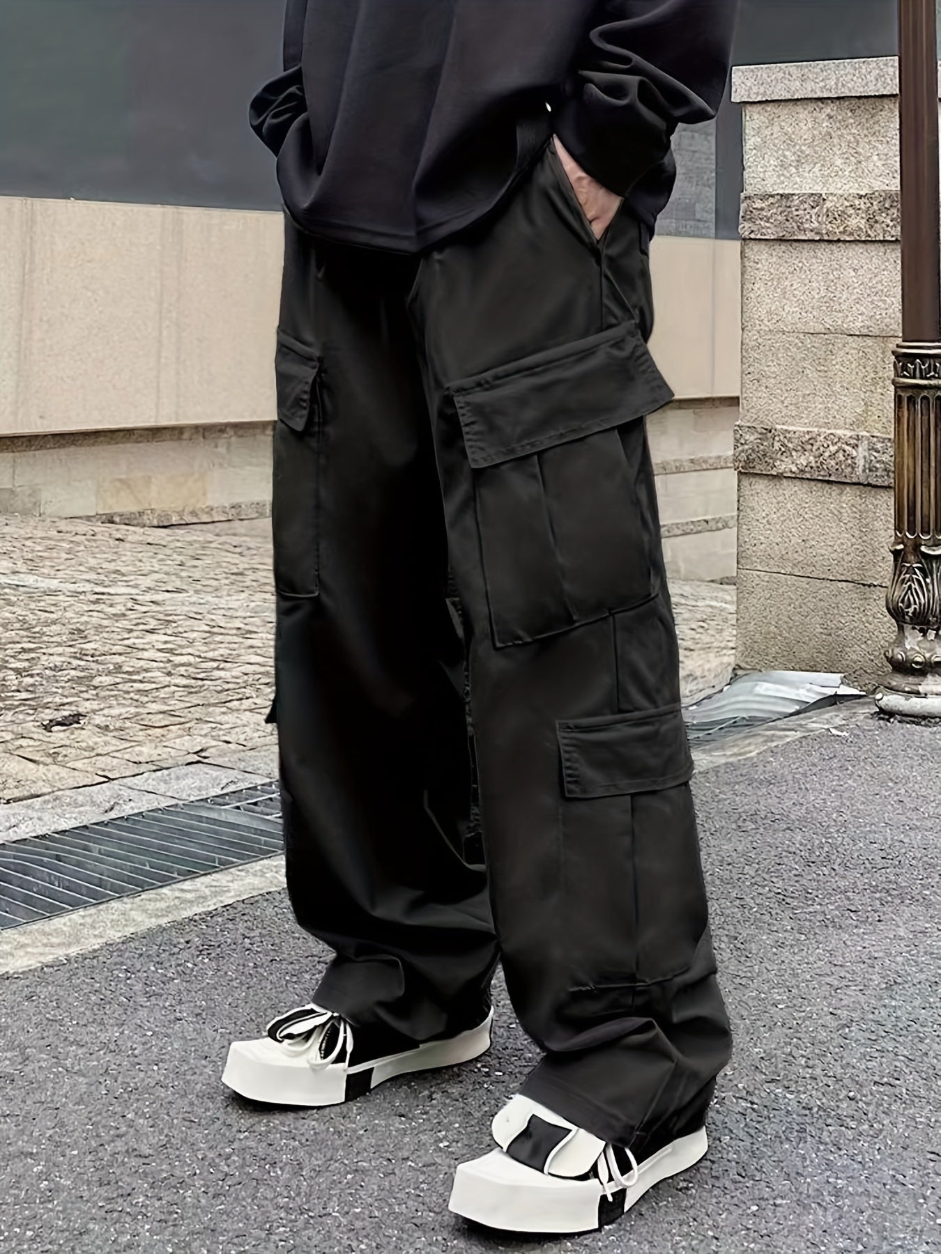 Solid Multi Flap Pockets Men's Straight Leg Cargo Pants, Loose Casual Outdoor Pants, Men's Work Pants Baggy Pants Trendy Streetwear K-pop