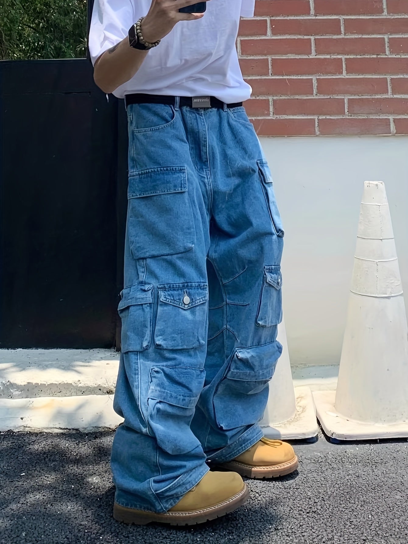Men's Trendy Multi Flap Pocket Trousers, Wide Leg Loose Casual Outdoor Baggy Pants, Men's Jean Work Pants Outdoors K-pop