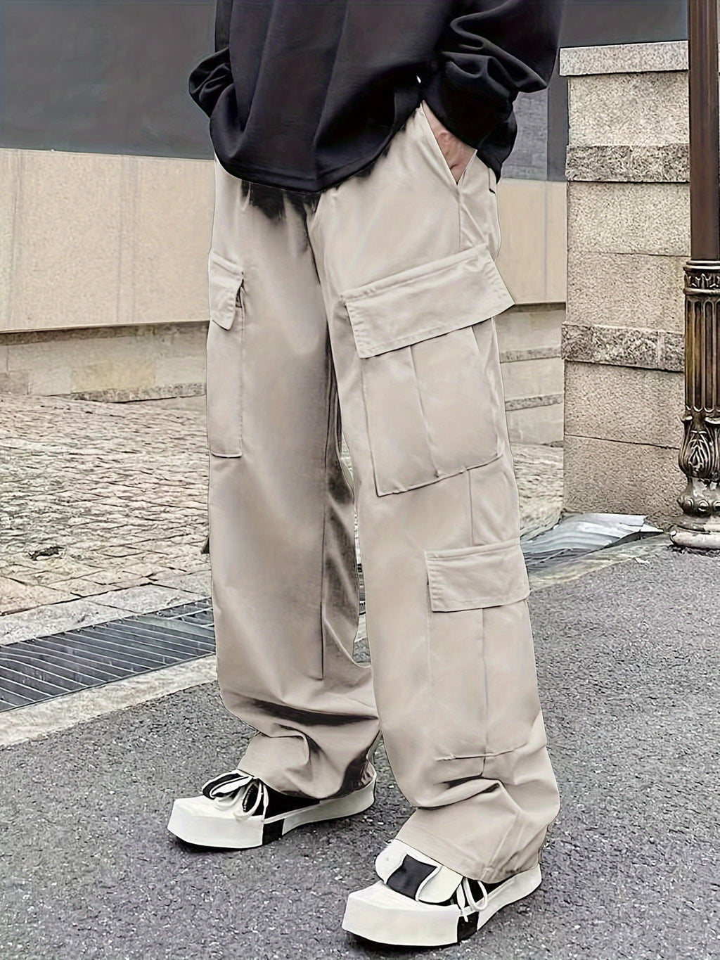 Solid Multi Flap Pockets Men's Straight Leg Cargo Pants, Loose Casual Outdoor Pants, Men's Work Pants Baggy Pants Trendy Streetwear K-pop