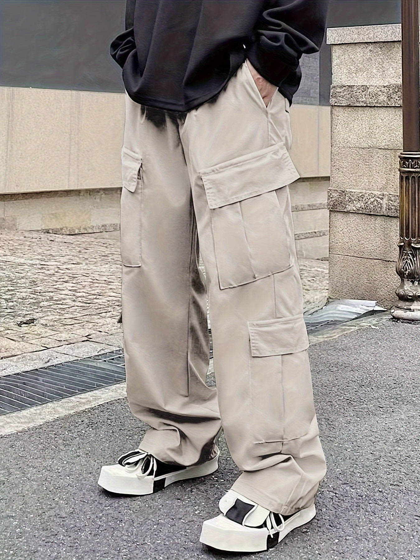 Solid Multi Flap Pockets Men's Straight Leg Cargo Pants, Loose Casual Outdoor Pants, Men's Work Pants Baggy Pants Trendy Streetwear K-pop